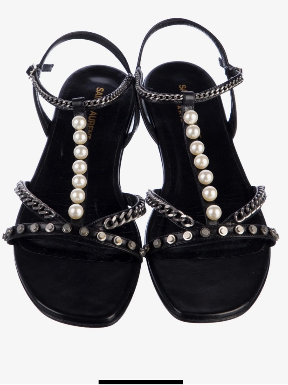 Saint Laurent Pearl Chain Black Studded T-Strap Flat Sandal Size 38